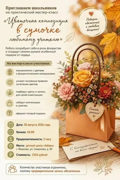Мастер-класс по флористике "Цветочная композиция в сумочке" — Мастер-классы и обучение, Иваново